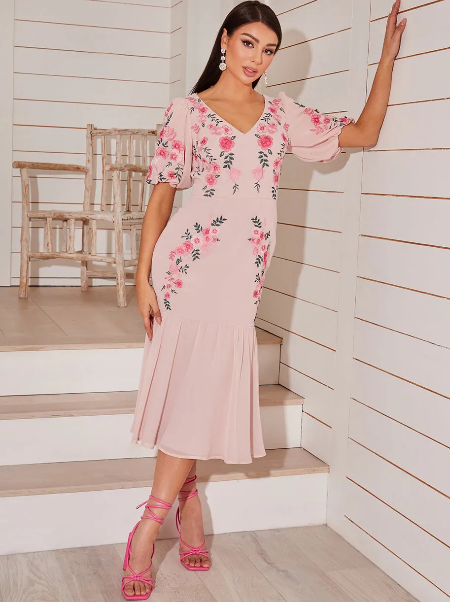 Floral Embroidered Midi Dress in Pink sold by Chi Chi London product image thumbnail 4