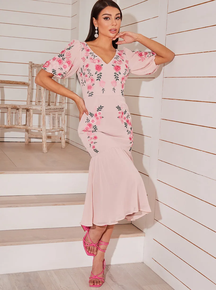 Floral Embroidered Midi Dress in Pink sold by Chi Chi London