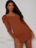 Sweetheart Neckline Puff Sleeve Knitted Jumper Dress in Rust sold by Chi Chi London
