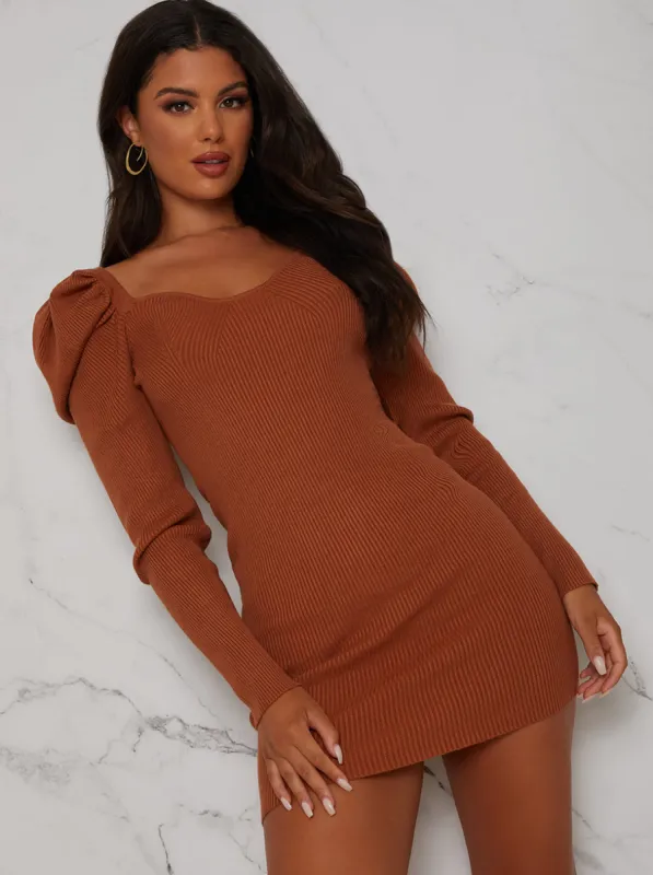 Sweetheart Neckline Puff Sleeve Knitted Jumper Dress in Rust sold by Chi Chi London