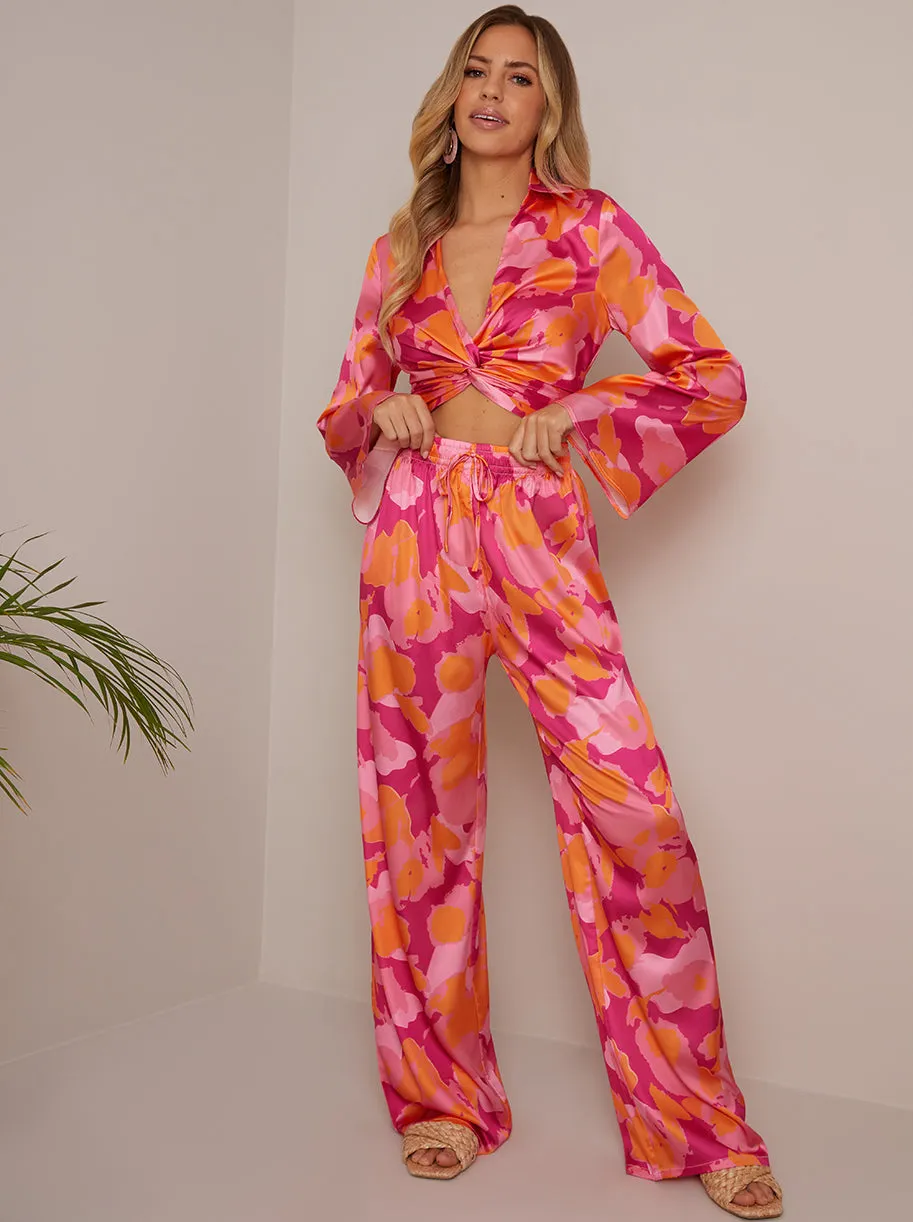 Long Sleeve V Neck Satin Twist Abstract Print in Pink sold by Chi Chi London product image thumbnail 3