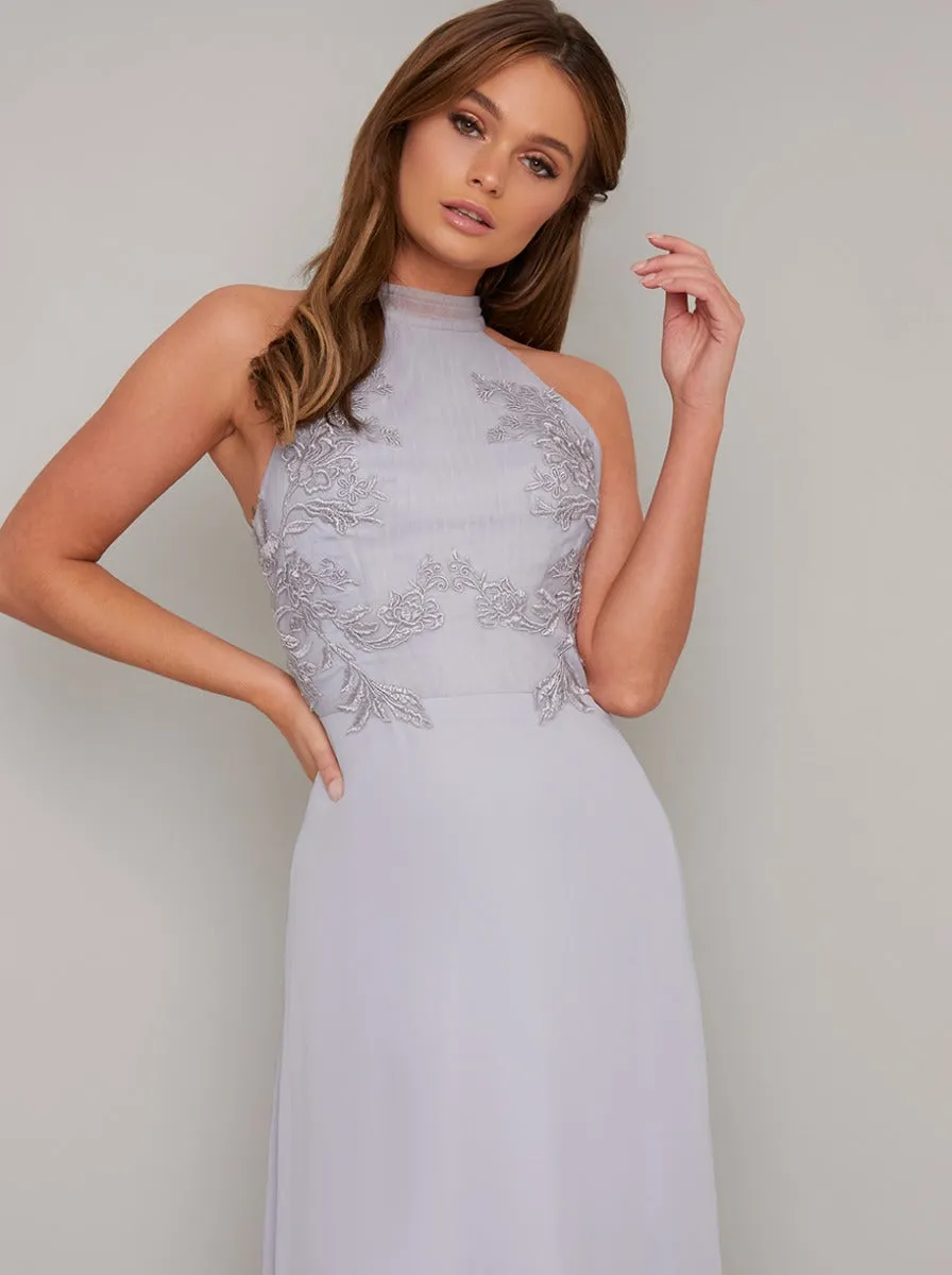 Halter Neck Lace Detail Maxi Dress in Blue sold by Chi Chi London