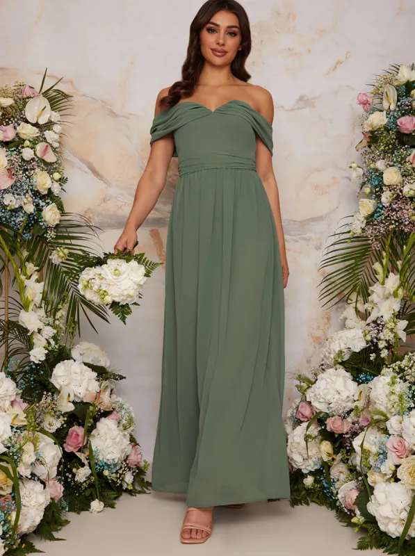 Bardot Draped Chiffon Maxi Dress in Green sold by Chi Chi London