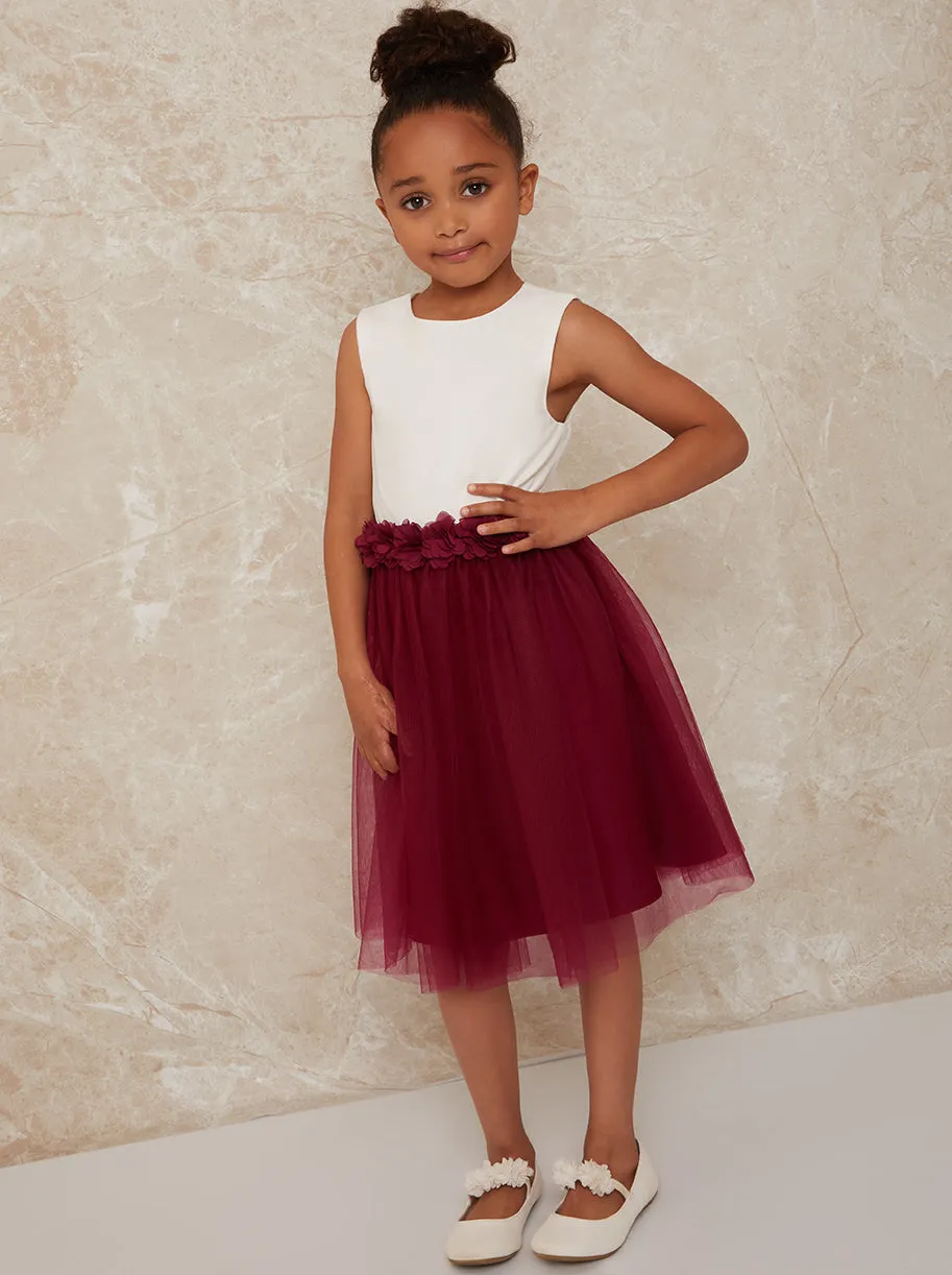 Girls Contrast 3D Floral Tutu Dress in Berry sold by Chi Chi London
