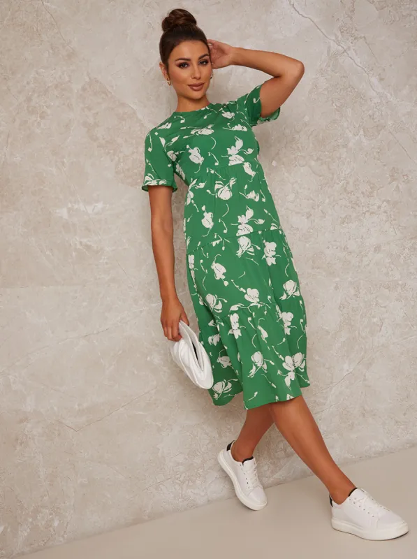 Flutter Sleeve Floral Print Midi Day Dress in Green sold by Chi Chi London