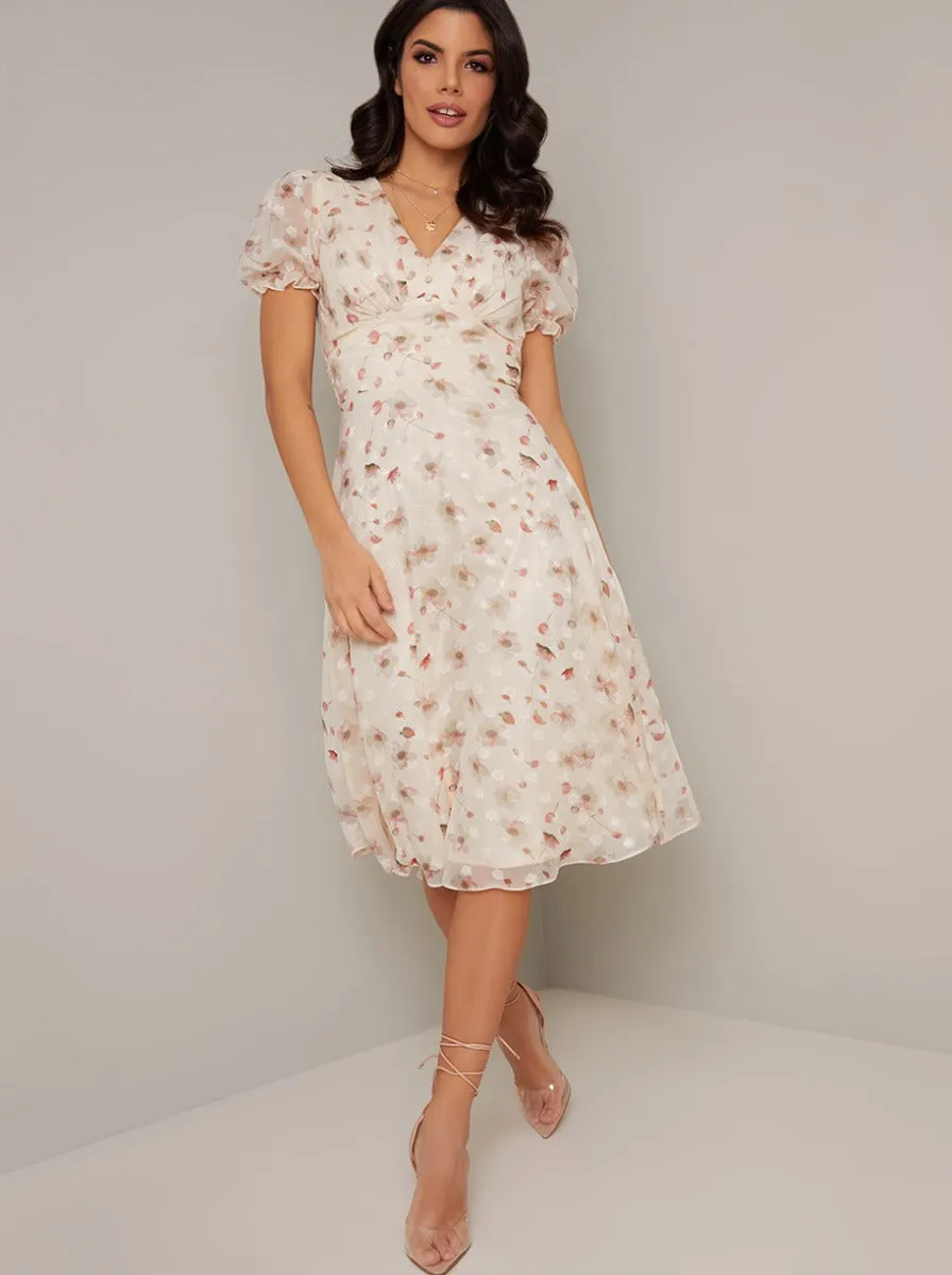 Jaquard Floral Print Day Dress in Cream sold by Chi Chi London product image thumbnail 3