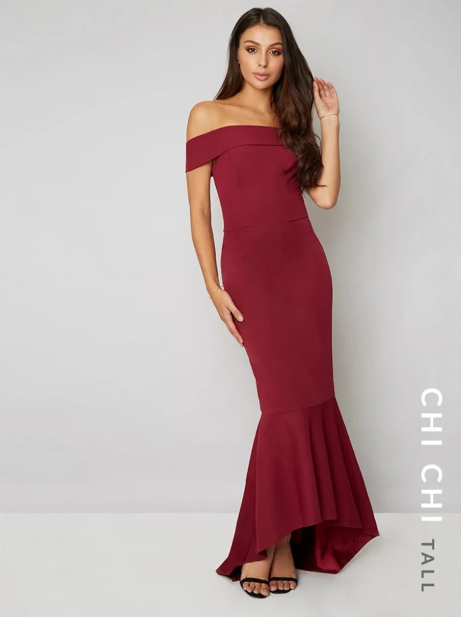 Tall Bardot Fishtail Maxi Dress in Red sold by Chi Chi London