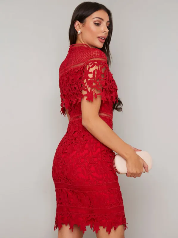 High Neck Lace Bodycon Midi Dress in Red sold by Chi Chi London