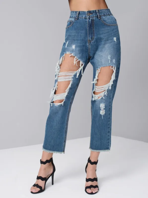 Distressed Mom Ripped Jeans in Blue sold by Chi Chi London