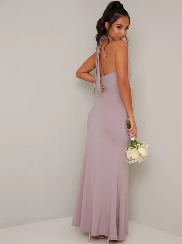 Petite Halterneck Backless Bodycon Maxi Dress in Purple sold by Chi Chi London