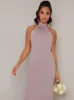Petite Halterneck Backless Bodycon Maxi Dress in Purple sold by Chi Chi London