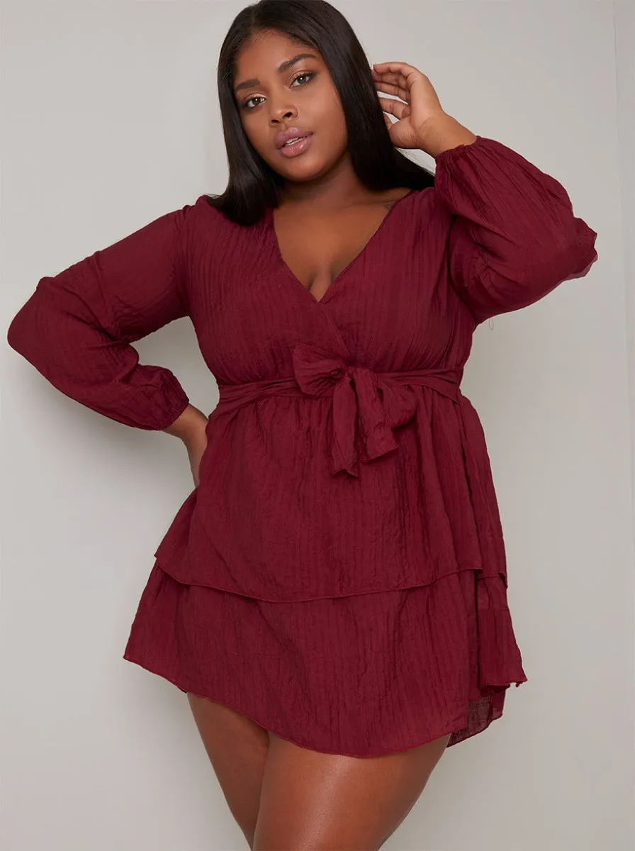 Plus Size Tiered Mini Day Dress in Burgundy sold by Chi Chi London product image thumbnail 2