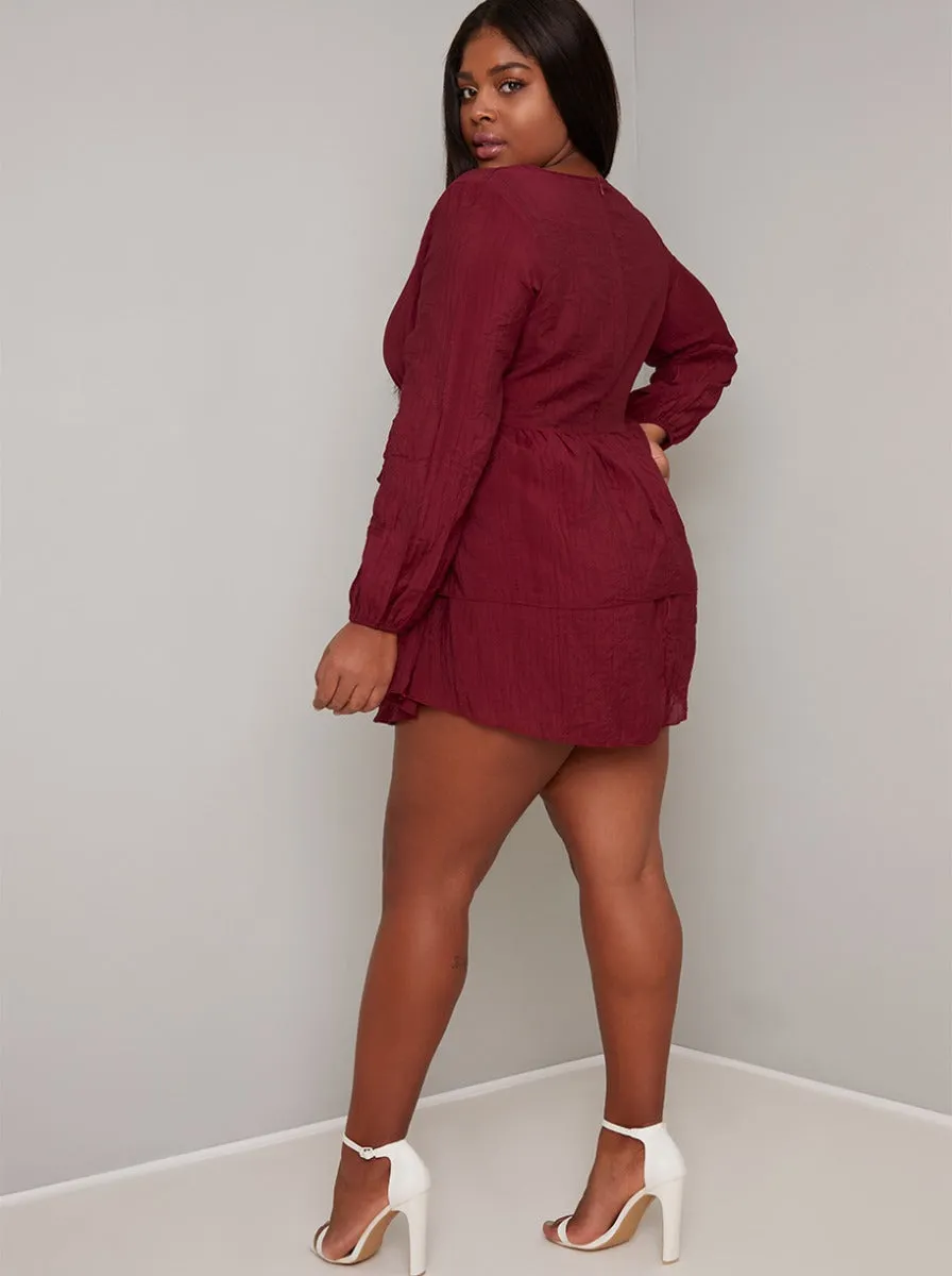 Plus Size Tiered Mini Day Dress in Burgundy sold by Chi Chi London