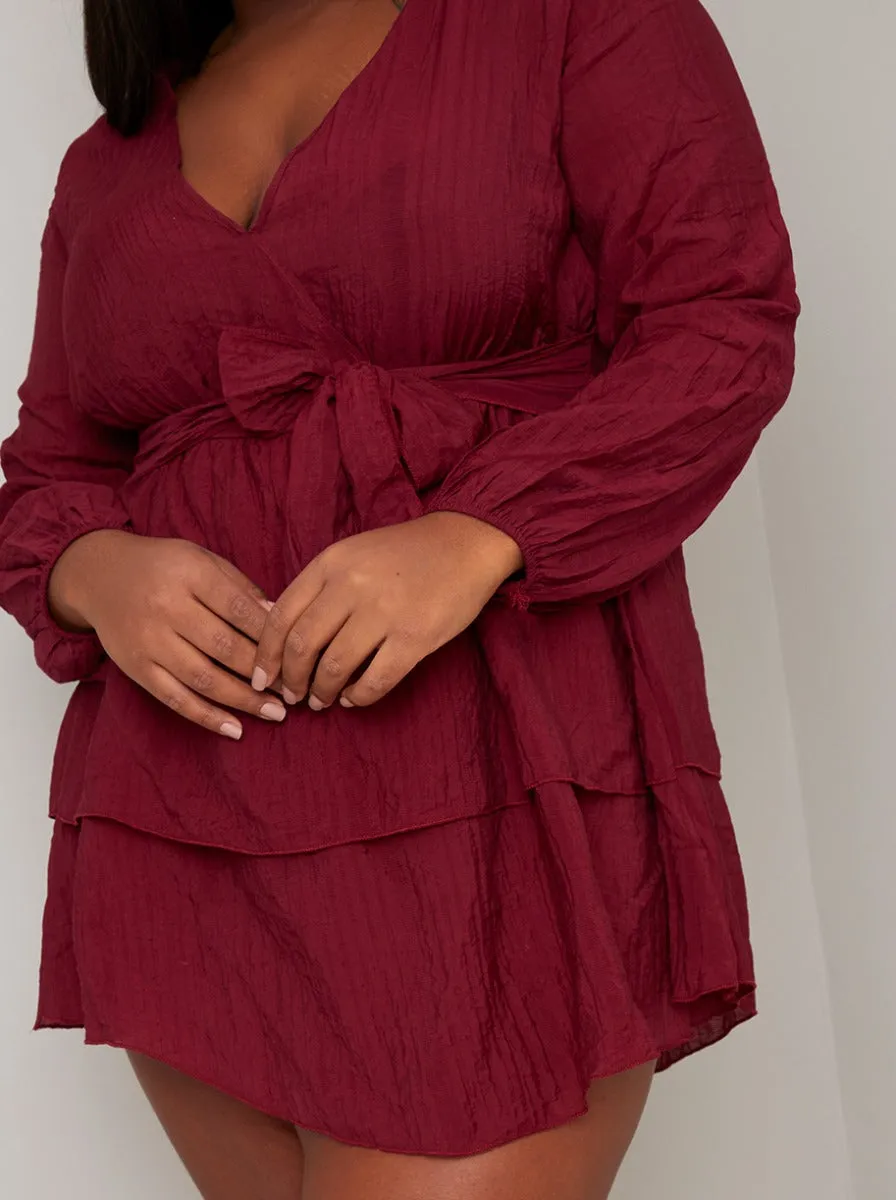 Plus Size Tiered Mini Day Dress in Burgundy sold by Chi Chi London product image thumbnail 4