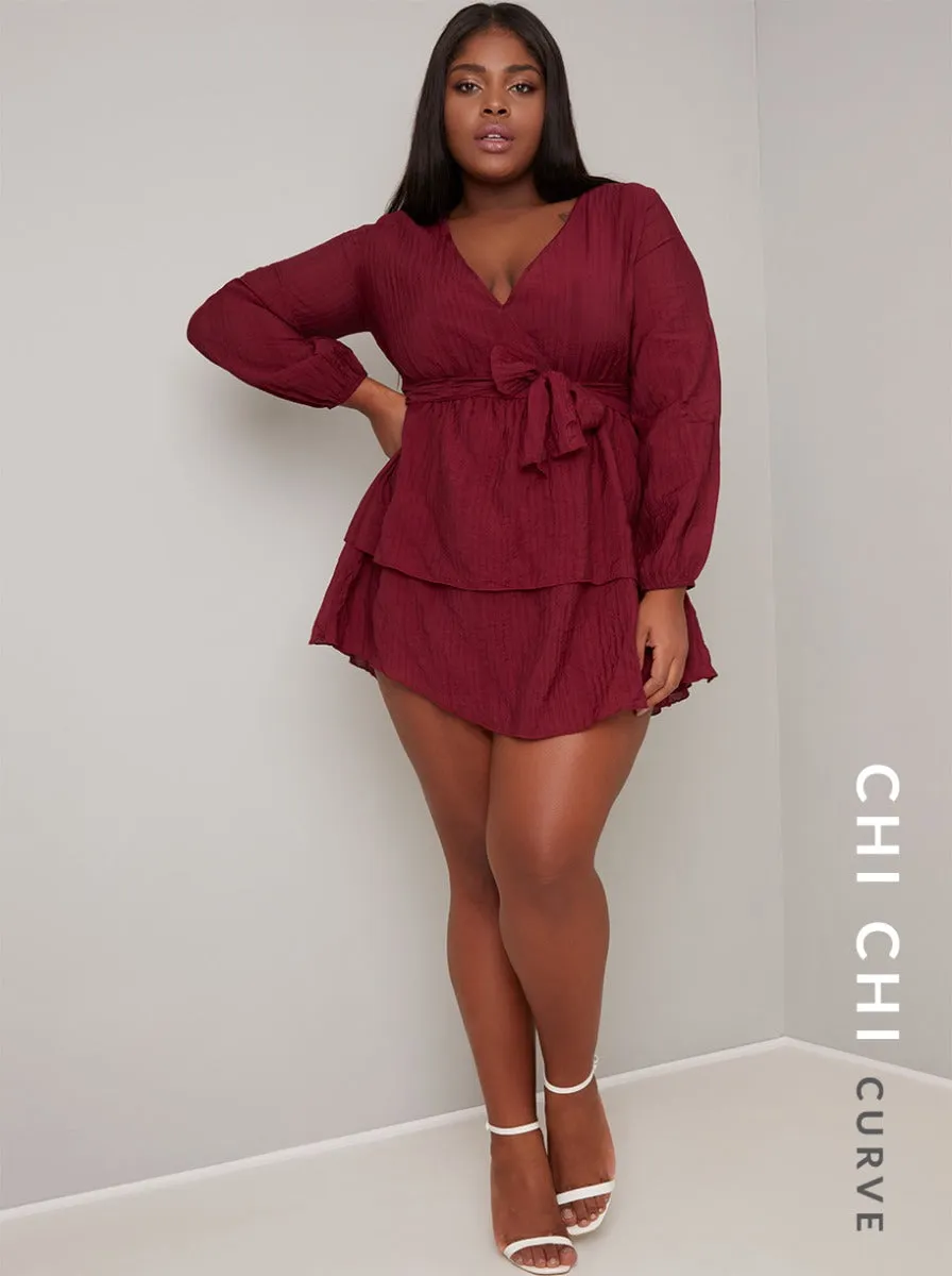Plus Size Tiered Mini Day Dress in Burgundy sold by Chi Chi London product image thumbnail 3