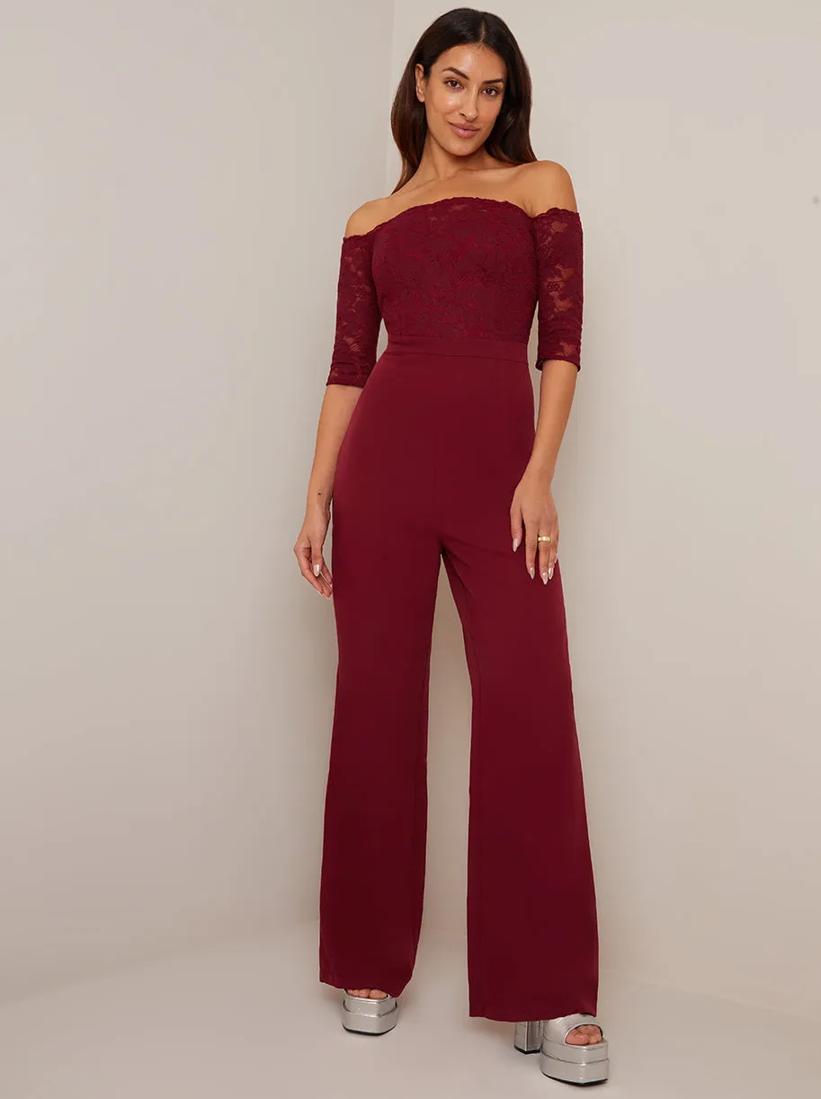 Bardot Embroidered Jumpsuit in Burgundy sold by Chi Chi London