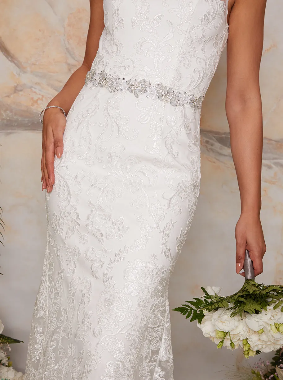 Diamante & Pearl Embellished Satin Ribbon Bridal Belt in White sold by Chi Chi London