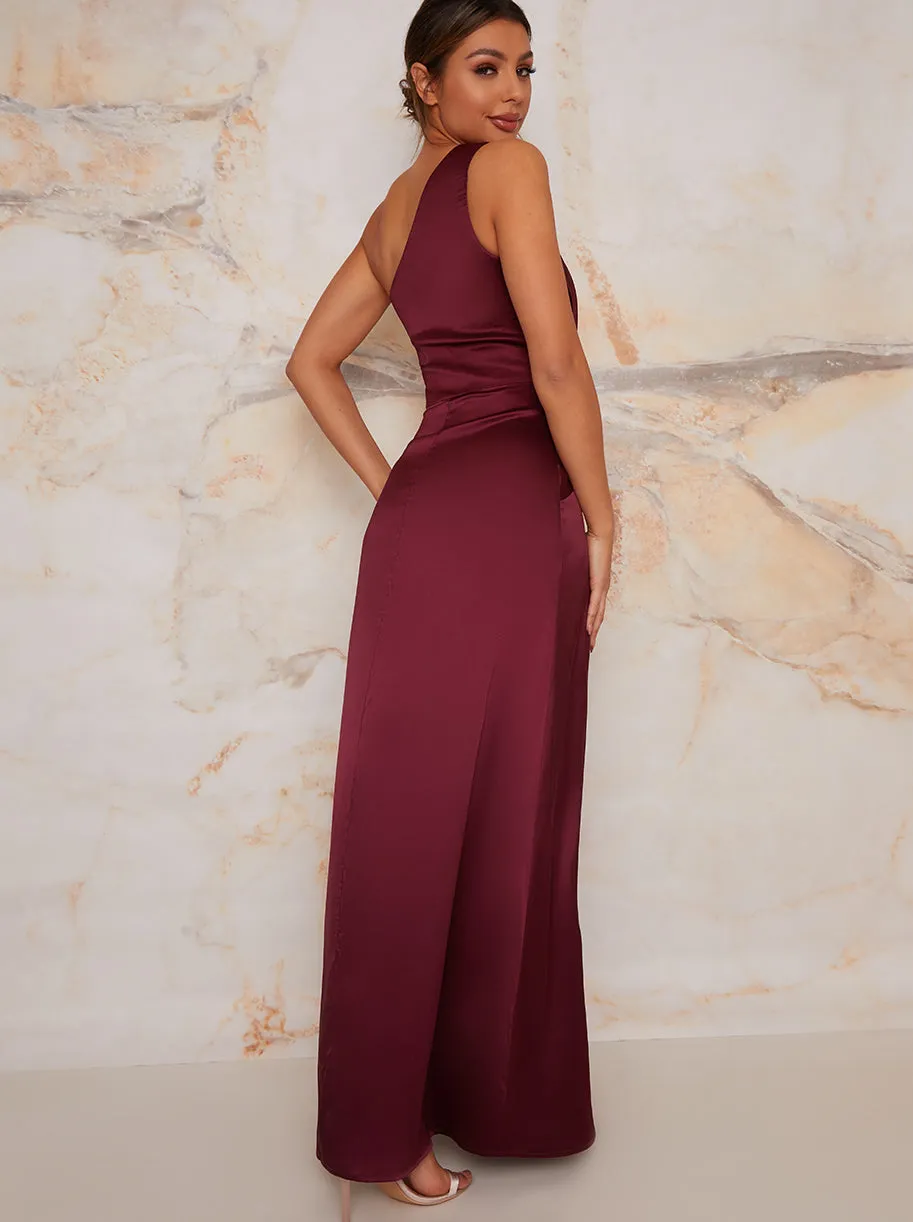 One Shoulder Satin Finish Maxi Dress in Berry sold by Chi Chi London product image thumbnail 3