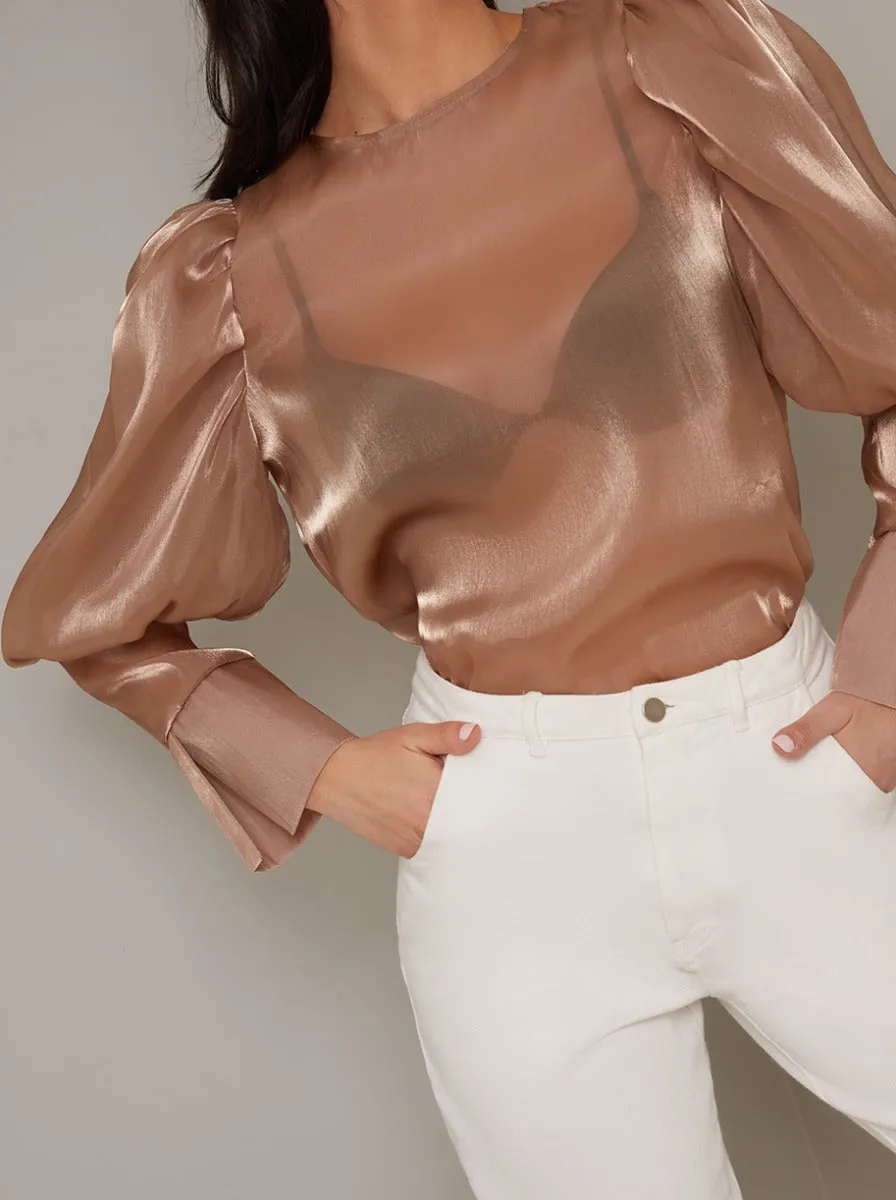 Balloon Sleeve Sheer Blouse Top in Brown sold by Chi Chi London product image thumbnail 3