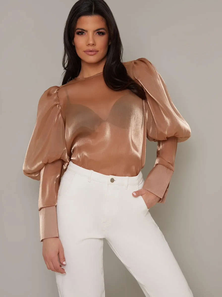 Balloon Sleeve Sheer Blouse Top in Brown sold by Chi Chi London