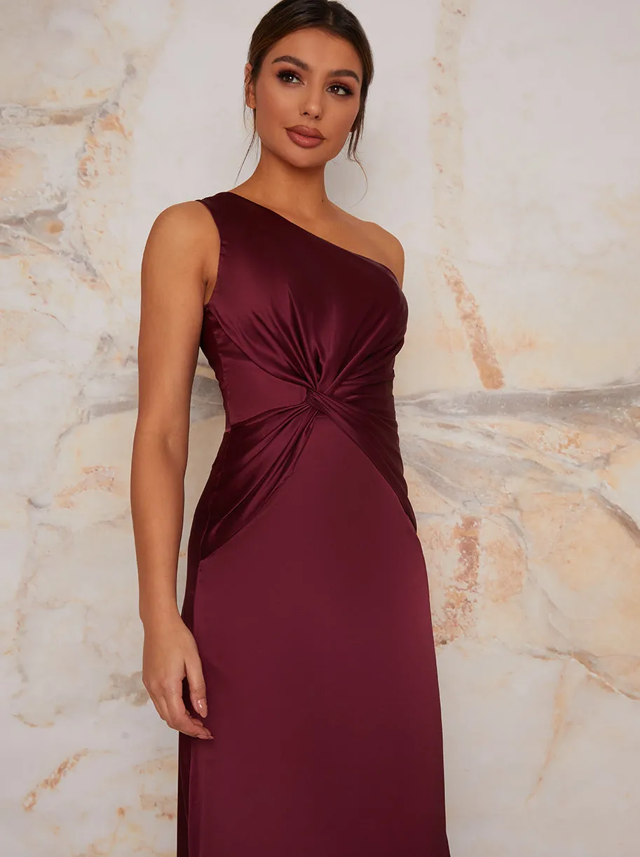One Shoulder Satin Finish Maxi Dress in Berry sold by Chi Chi London