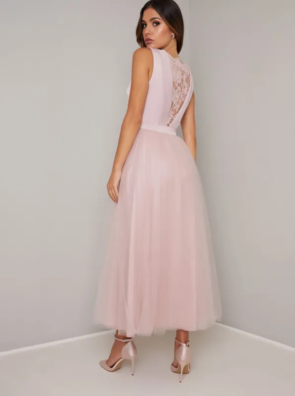 Lace insert Fitted Bodice Tulle Midi Dress in Brown sold by Chi Chi London