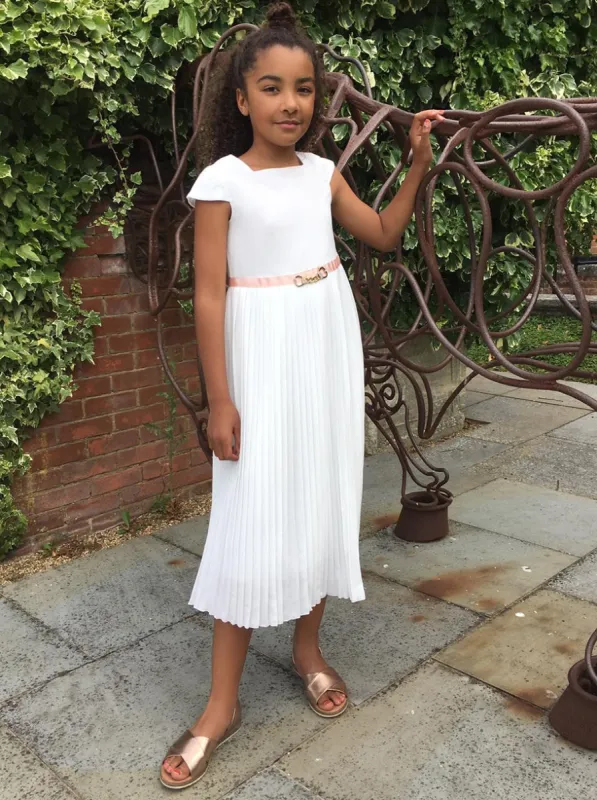 Lace Pleated Girls Midi Dress in White sold by Chi Chi London