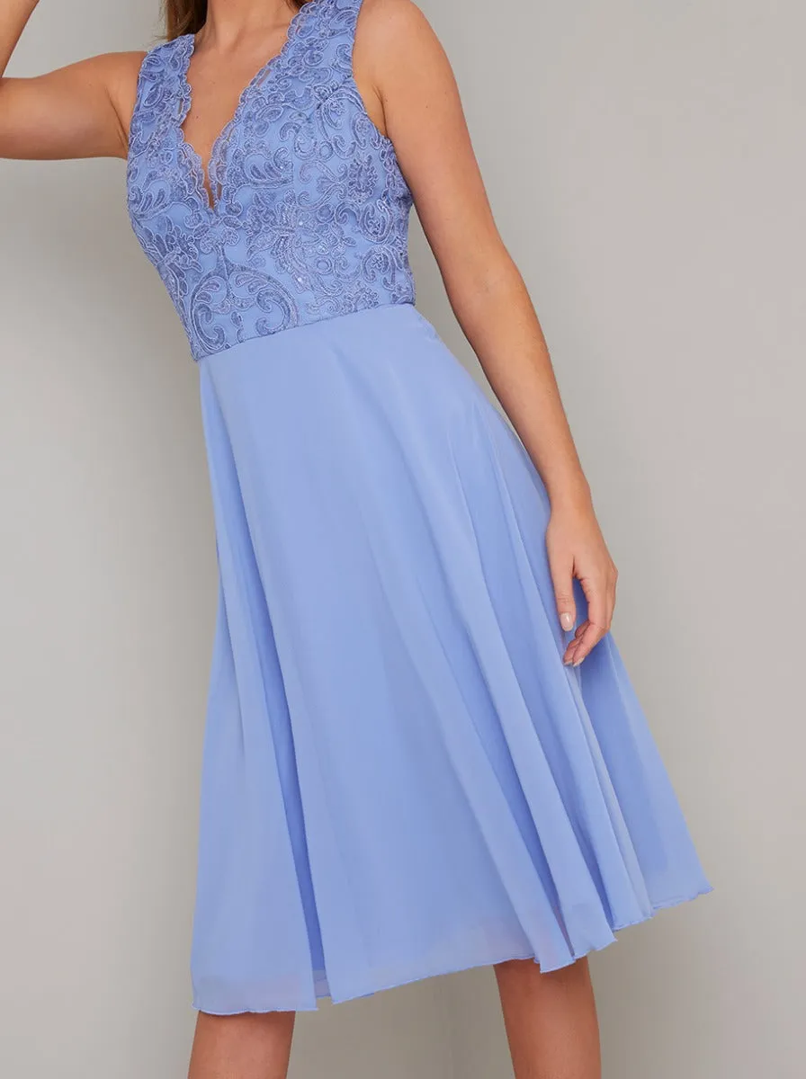 Lace V Neck Chiffon Midi Dress in Blue sold by Chi Chi London product image thumbnail 3