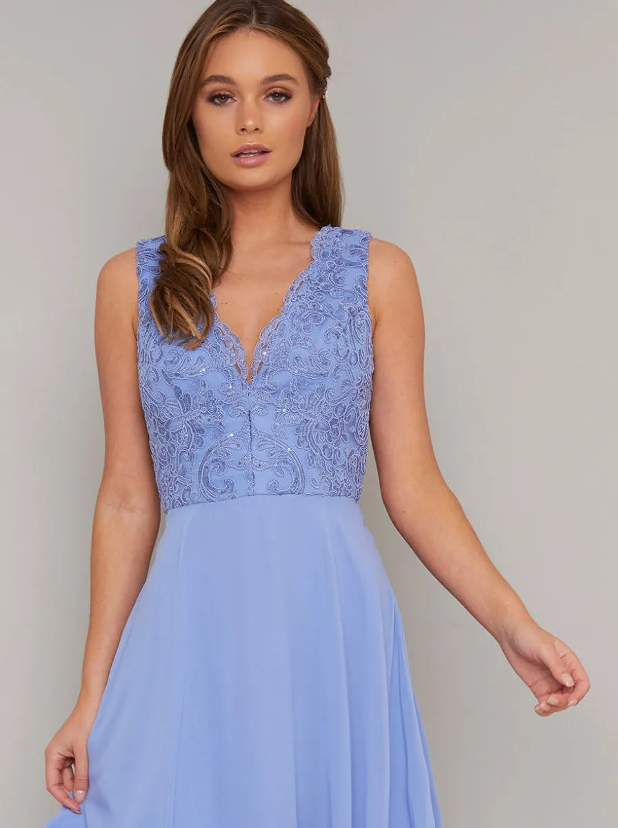 Lace V Neck Chiffon Midi Dress in Blue sold by Chi Chi London product image thumbnail 2