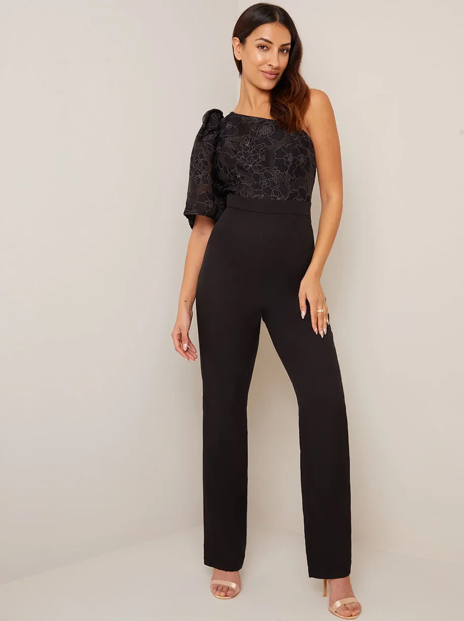 One Shoulder Balloon Sleeve Jumpsuit in Black sold by Chi Chi London