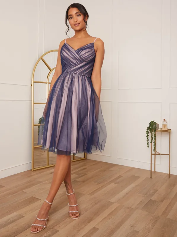 Mesh Detail Skater Midi Dress in Navy sold by Chi Chi London