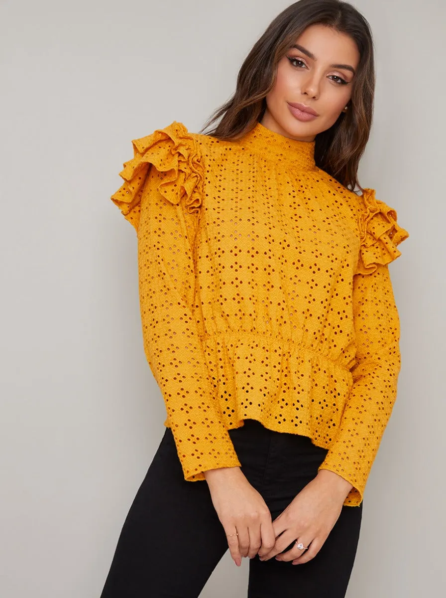 Broderie Anglaise Ruffle Top in Yellow sold by Chi Chi London