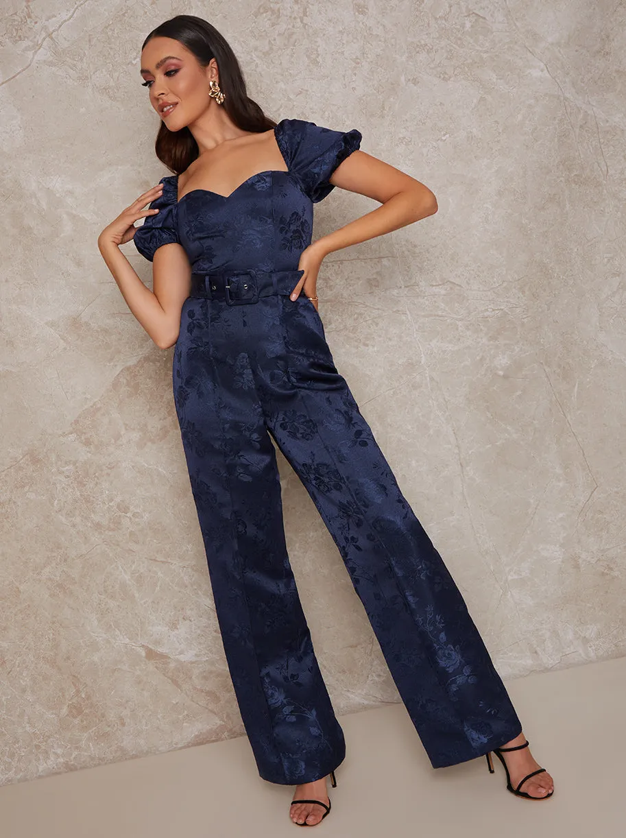 Puff Sleeve Sweetheart Jacquard Jumpsuit in Navy sold by Chi Chi London product image thumbnail 5