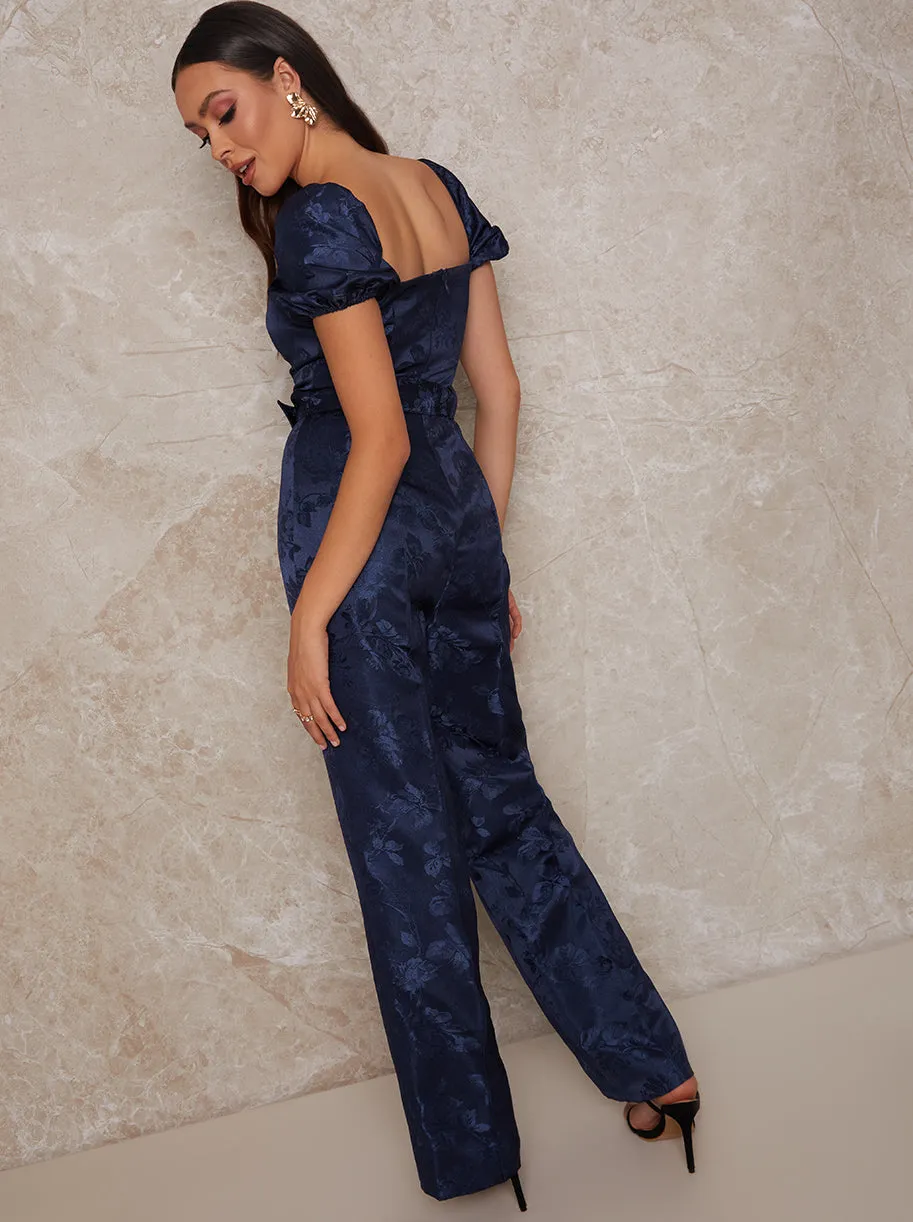 Puff Sleeve Sweetheart Jacquard Jumpsuit in Navy sold by Chi Chi London product image thumbnail 4