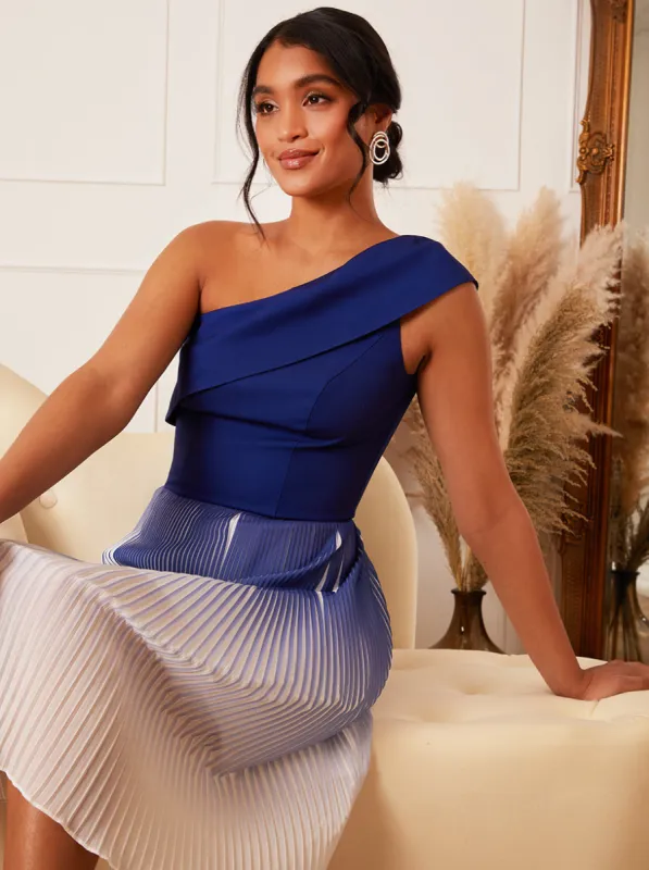 One Shoulder Ombre Pleated Midi Dress in Blue sold by Chi Chi London