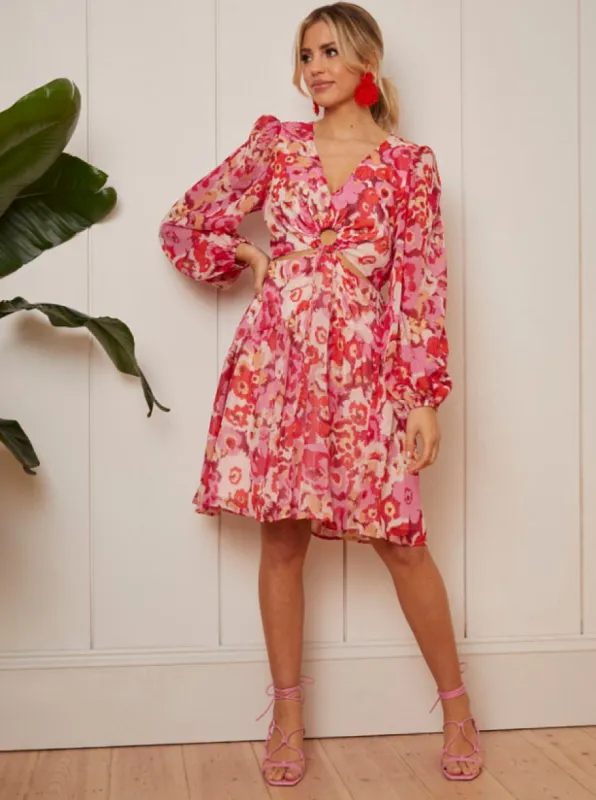 Long Sleeve Ring Detail Floral Mini Dress in Pink sold by Chi Chi London