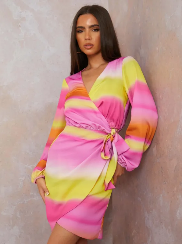 Long Sleeve Satin Ombre Wrap Mini Dress in Multi sold by Chi Chi London