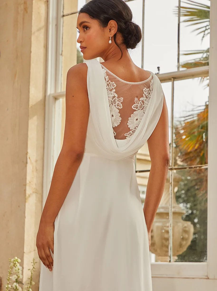 V Neck Drape Maxi Wedding Dress in White sold by Chi Chi London