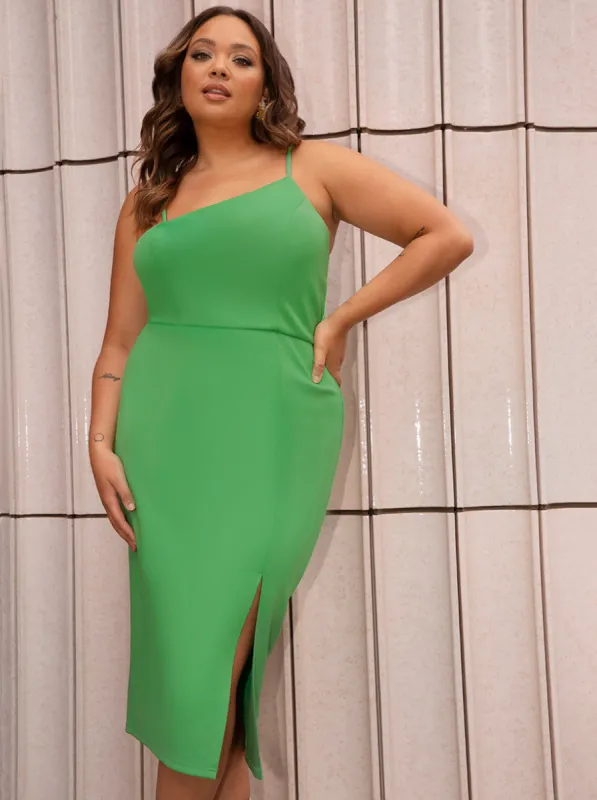 Plus Size Asymmetric Bodycon Midi Dress in Green sold by Chi Chi London