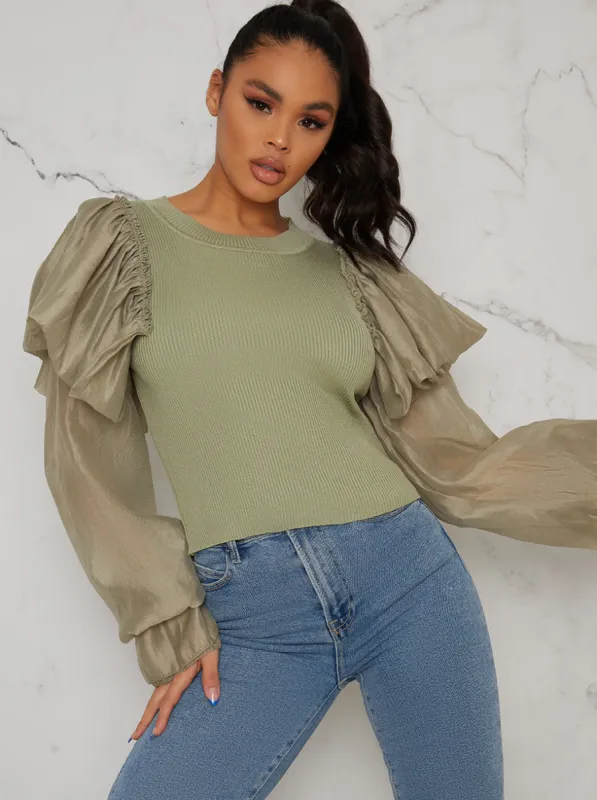 Ruffle Balloon Sleeved Knitted Jumper In Green sold by Chi Chi London