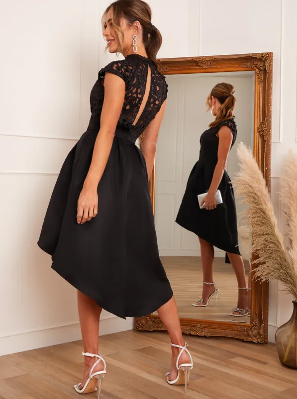 Capped Sleeves Lace Dip Hem Midi Dress in Black sold by Chi Chi London