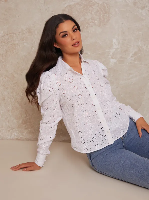 Broderie Anglaise Puff Sleeve Shirt in White sold by Chi Chi London