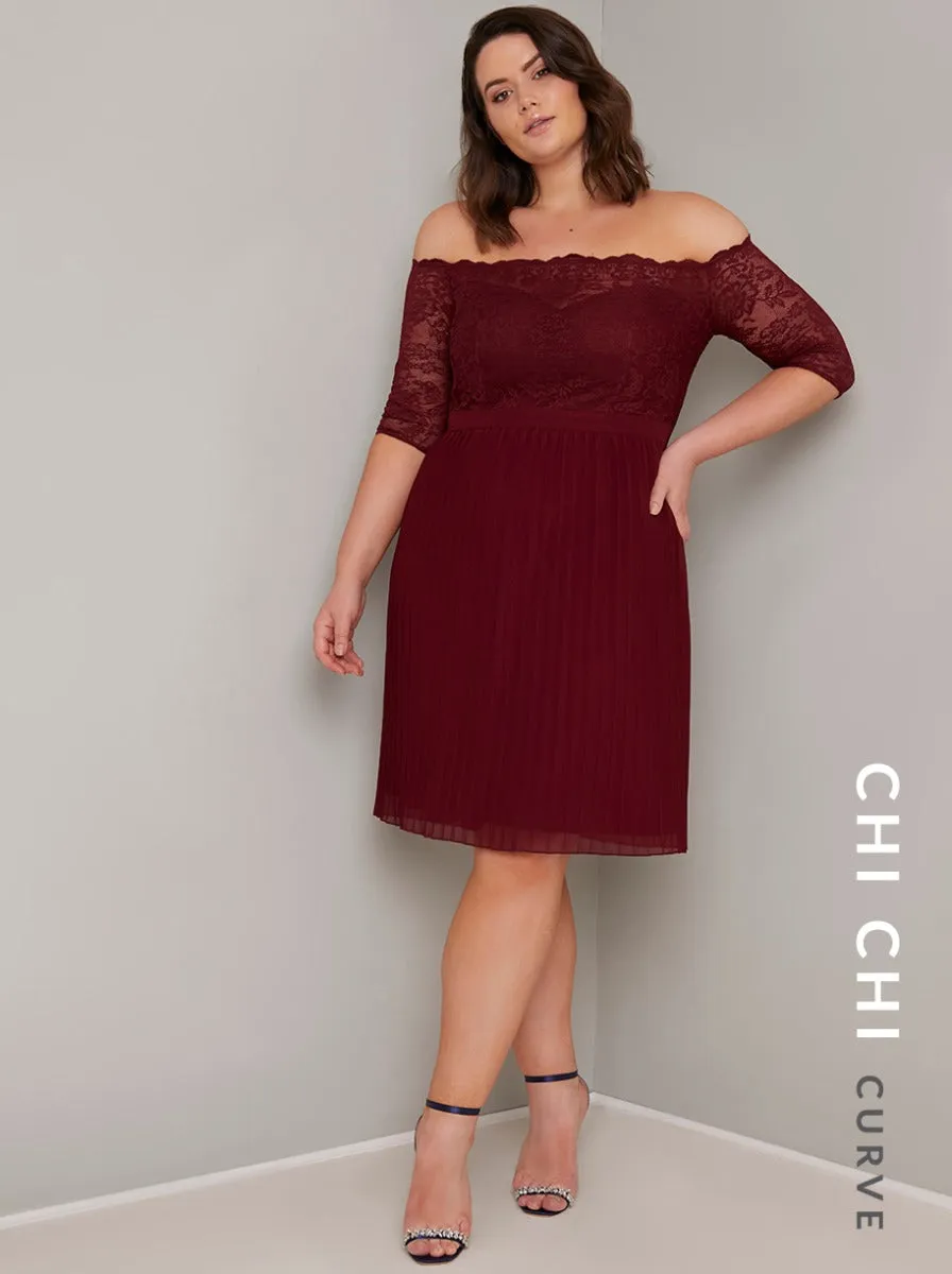 Plus Size Lace Bardot Pleat Midi Dress in Red sold by Chi Chi London product image thumbnail 4