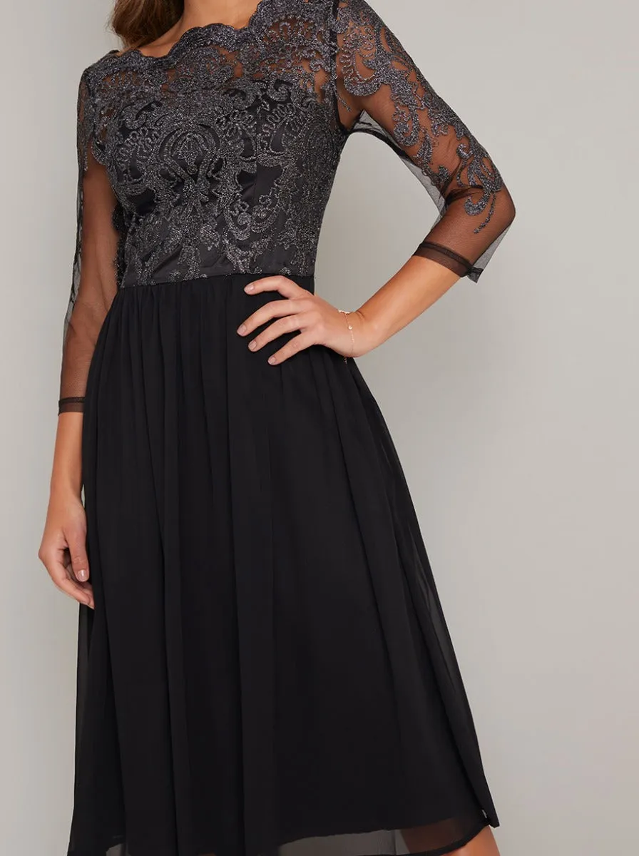 Midi Dress with Baroque Style Lace Design in Black sold by Chi Chi London product image thumbnail 3