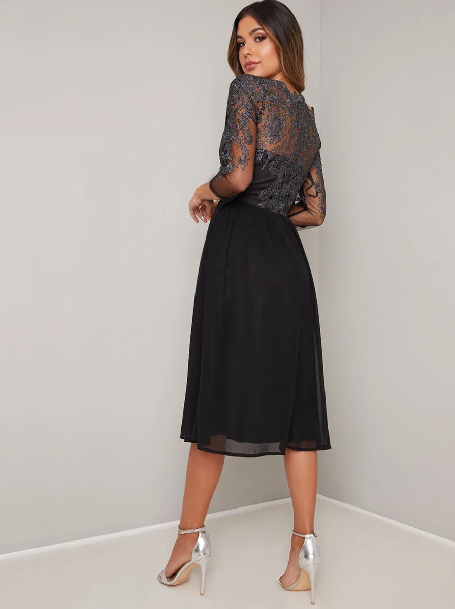 Midi Dress with Baroque Style Lace Design in Black sold by Chi Chi London product image thumbnail 4