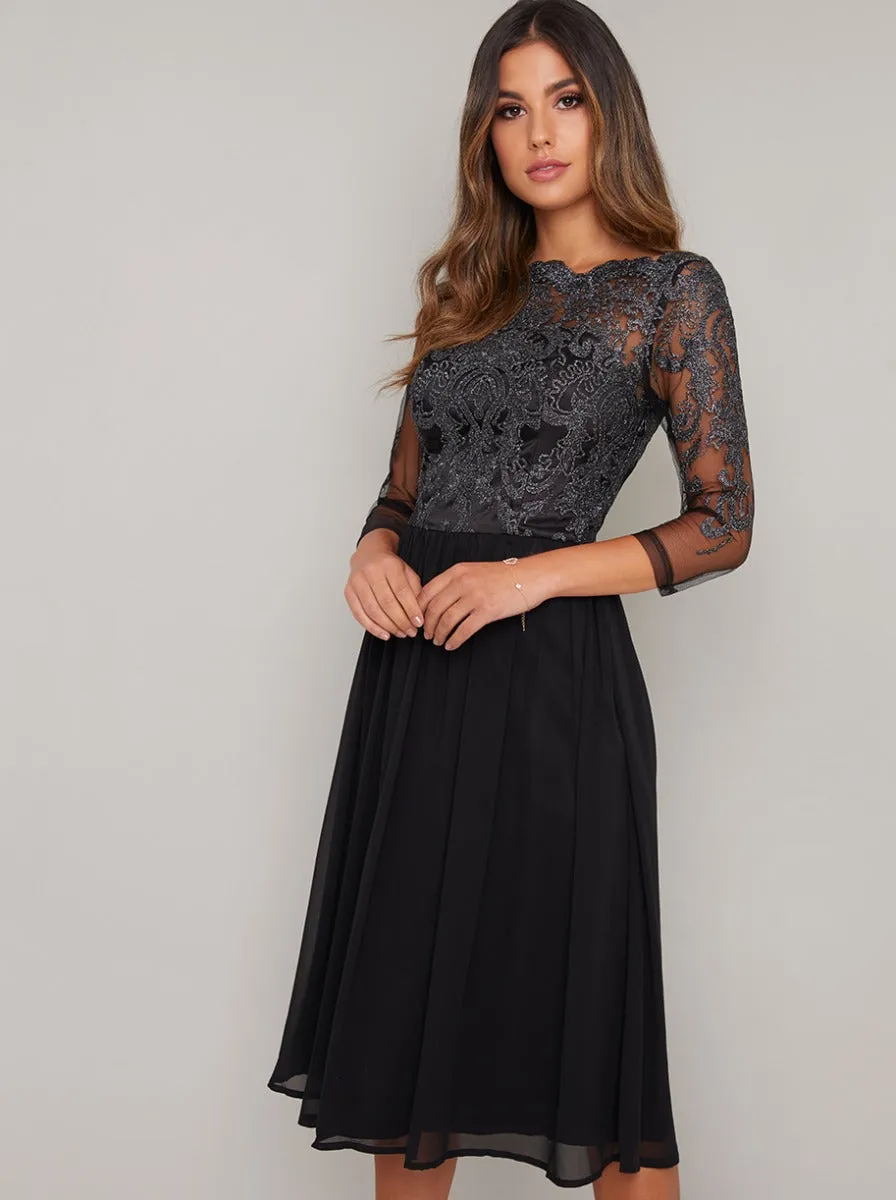 Midi Dress with Baroque Style Lace Design in Black sold by Chi Chi London product image thumbnail 2