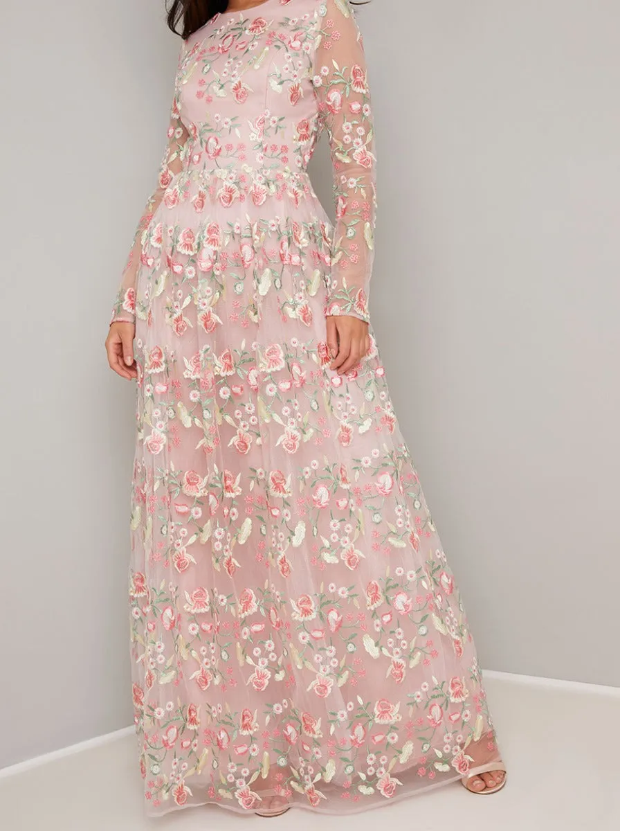 Long Sleeved Floral Embroidered Maxi Dress in Pink sold by Chi Chi London product image thumbnail 4