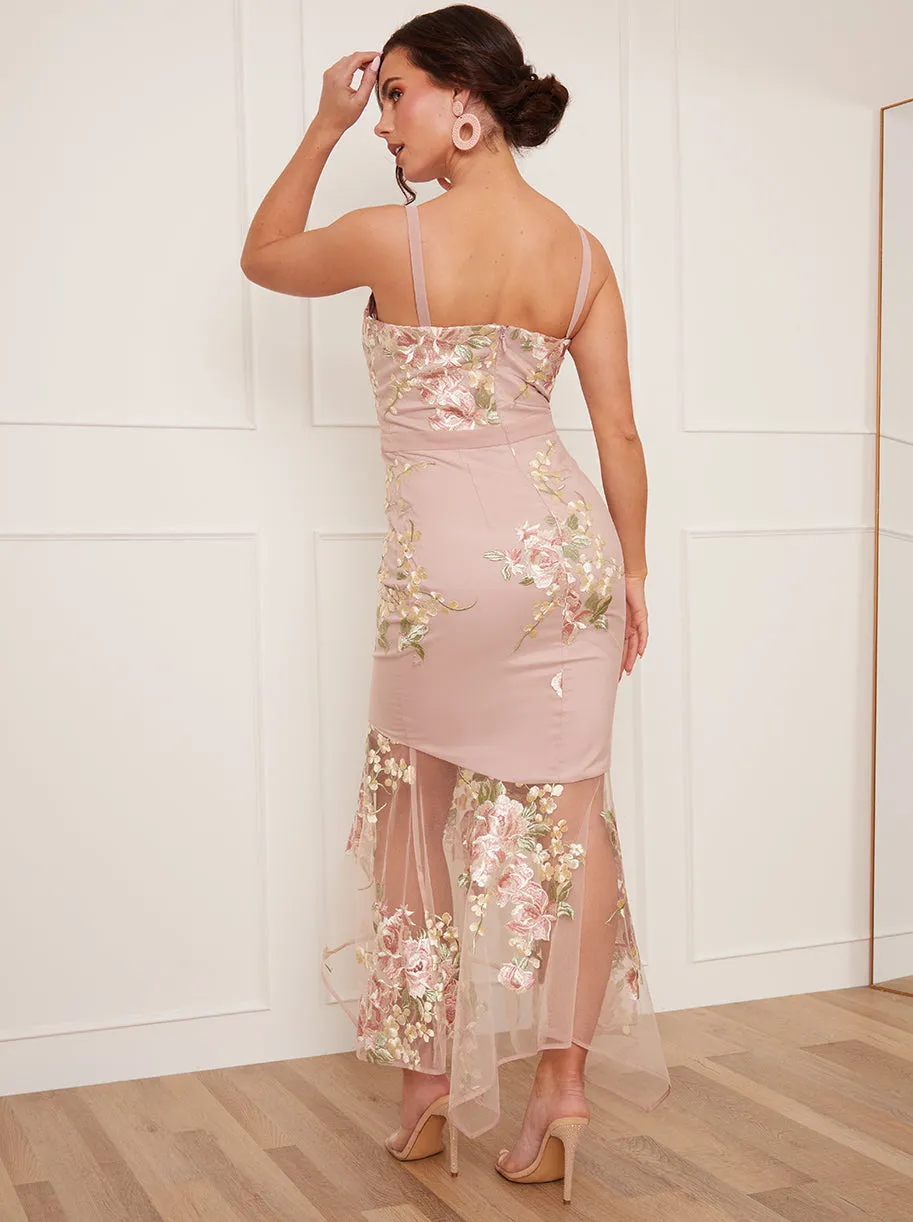 Petite Peplum Floral Embroidered Lace Bodycon Dress in Pink sold by Chi Chi London product image thumbnail 4