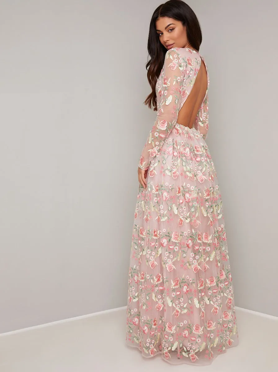 Long Sleeved Floral Embroidered Maxi Dress in Pink sold by Chi Chi London product image thumbnail 2