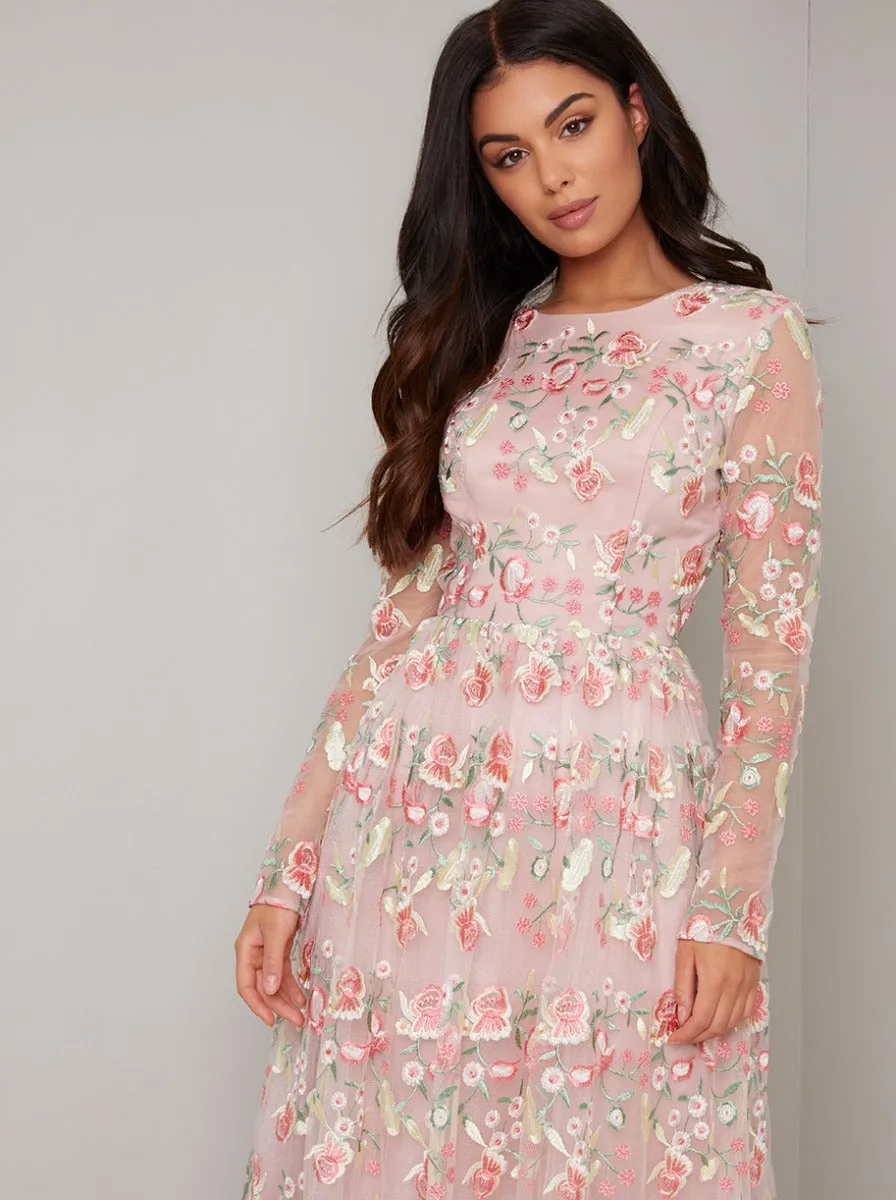 Long Sleeved Floral Embroidered Maxi Dress in Pink sold by Chi Chi London product image thumbnail 3